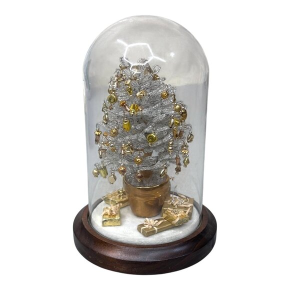 Vintage Silver Gold Beaded Mini Christmas Tree In Glass Dome Presents Wood Base - Picture 5 of 6